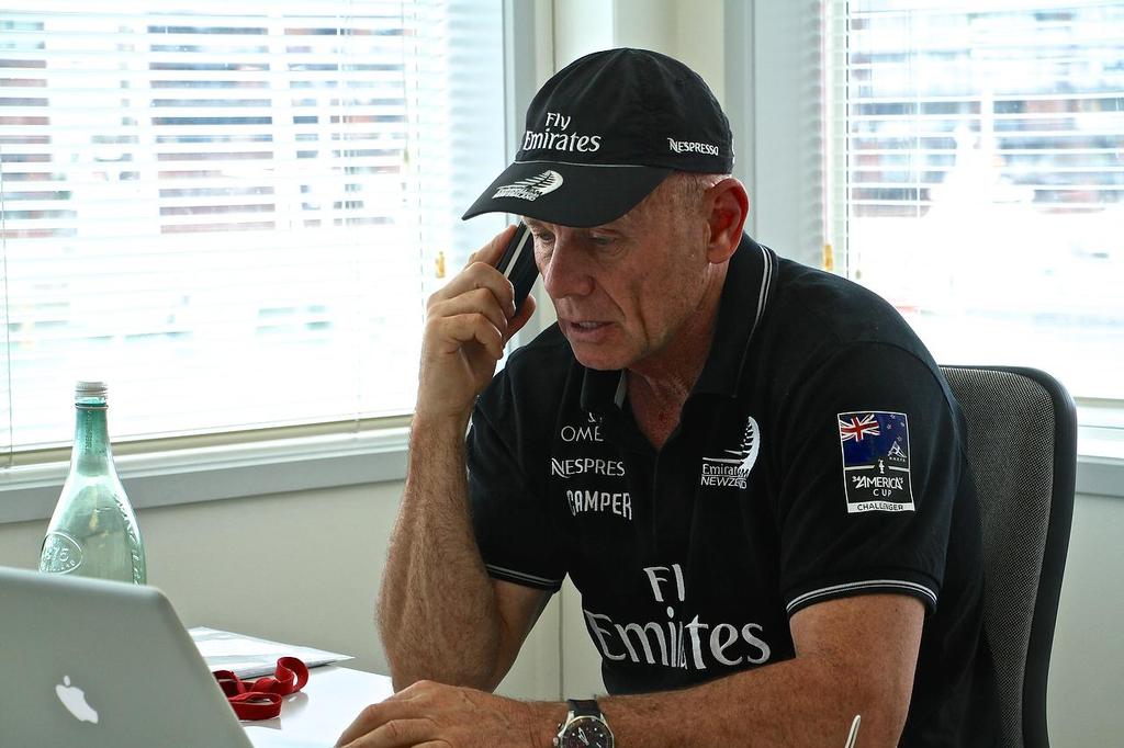 Emirates Team NZ CEO, Grant Dalton fielding media calls on Thursday afternoon © Richard Gladwell www.photosport.co.nz